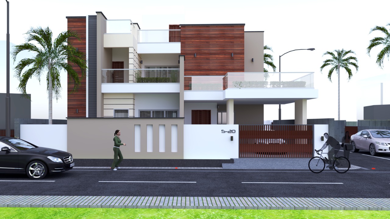 Architectural rendering of a modern home with wood cladding and balconies.