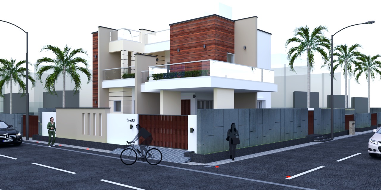 Corner view of a modern home with balconies and timber cladding.