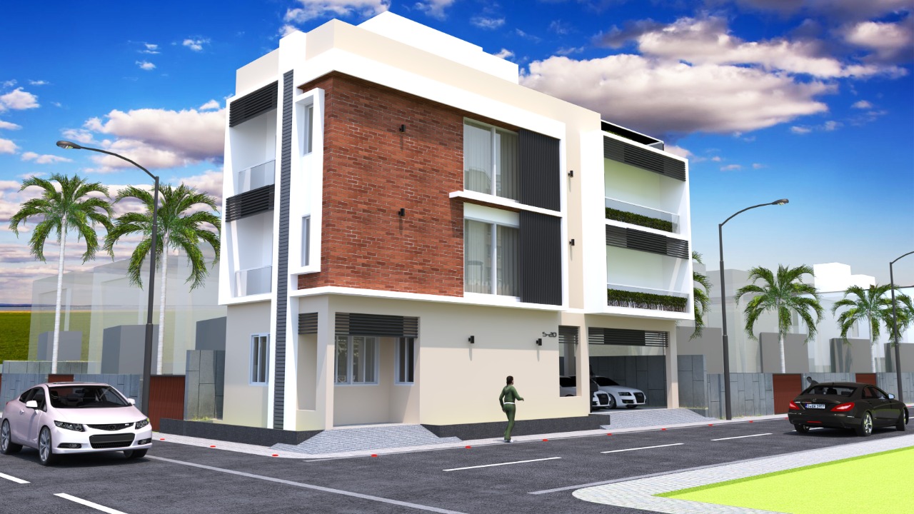 Architectural rendering of a contemporary brick-and-white residence.