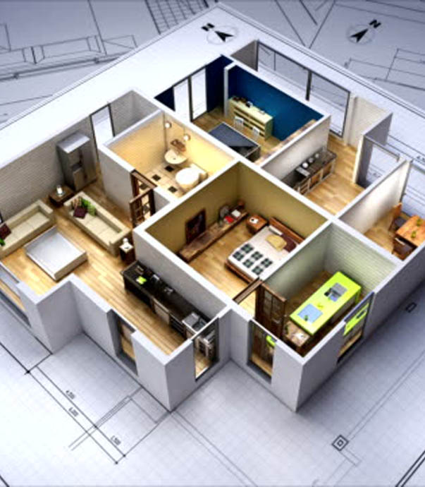 Three-dimensional floor plan showing a home's interior layout.